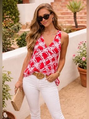 Southern Frock Red Abstract Tank Top Coastal Resort Chic Sleeveless S/M